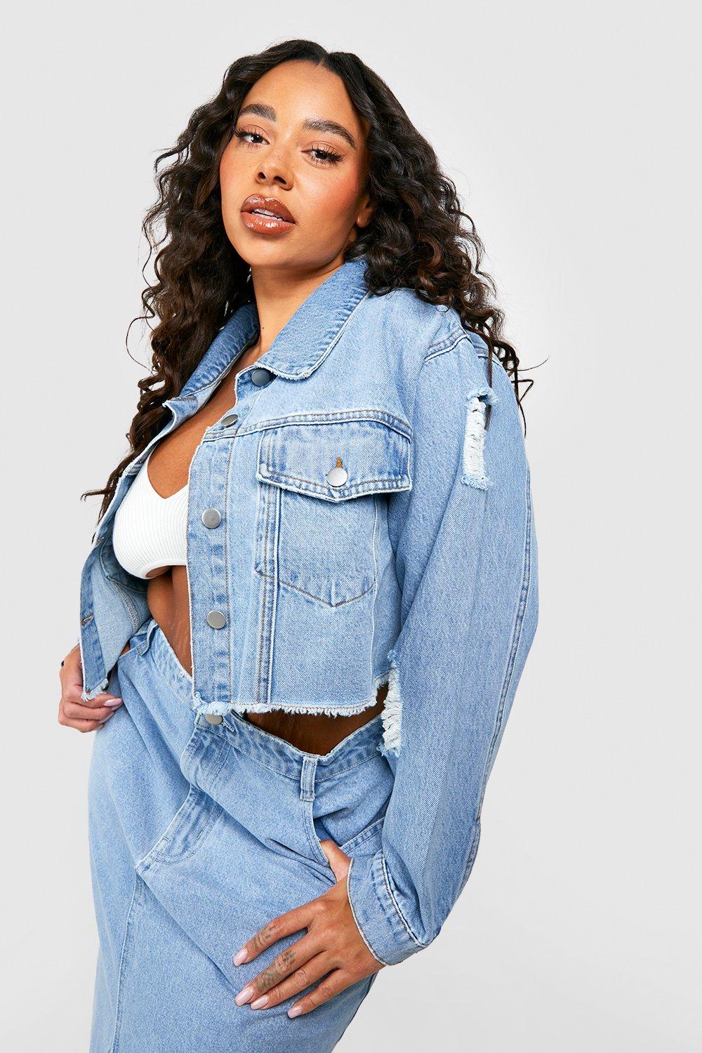 Plus Distressed Cropped Denim Jacket boohoo